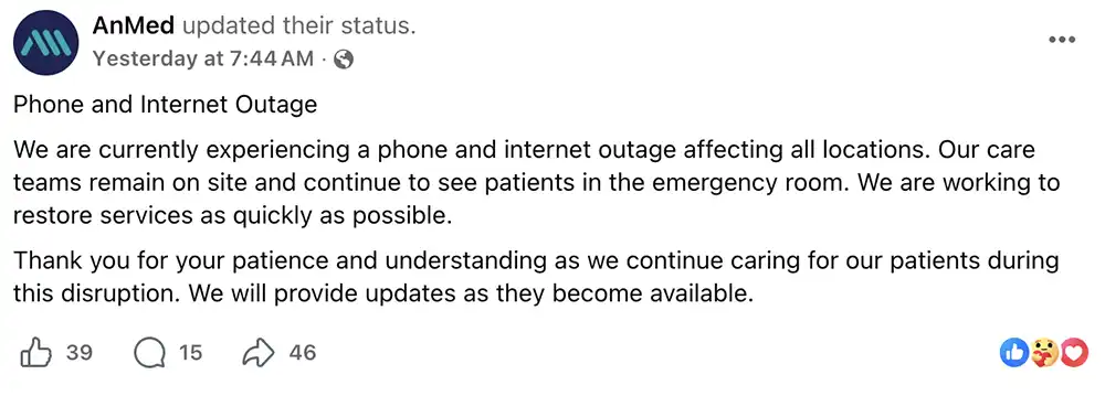 Screenshot of an AnMed Facebook post titled “Phone and Internet Outage,” saying all locations were affected and emergency room teams continued seeing patients.