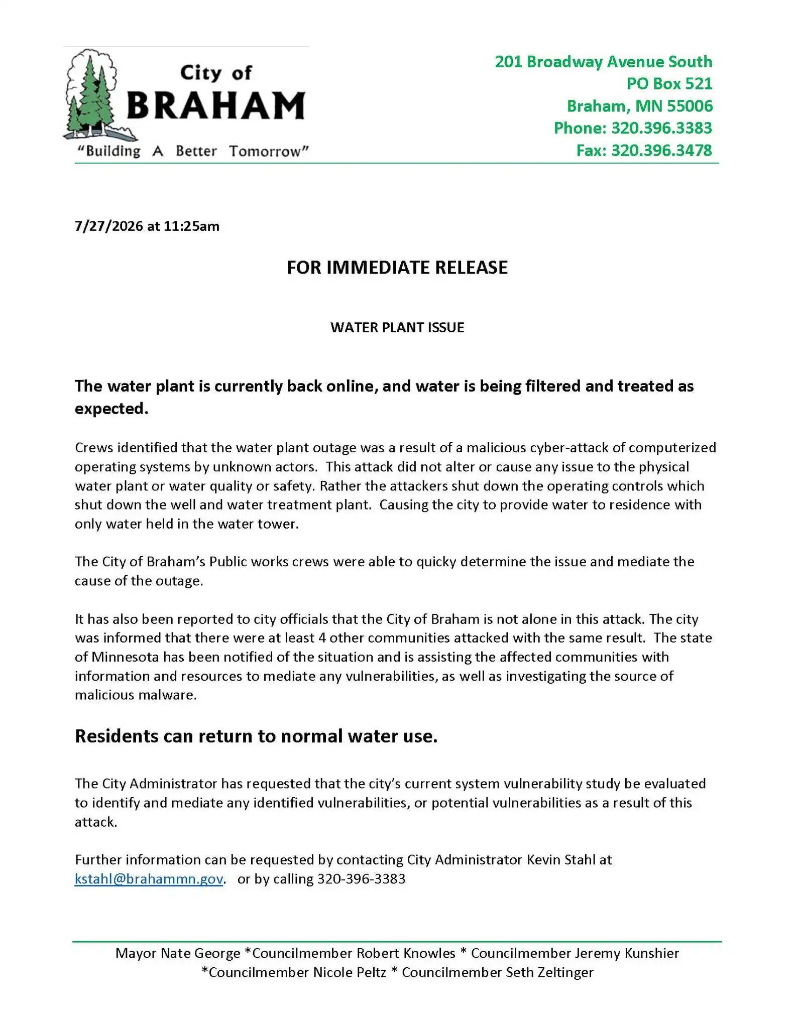 City of Braham memo dated July 27, 2026, saying the water plant was restored after a cyberattack disabled operating controls and that water remained safe.