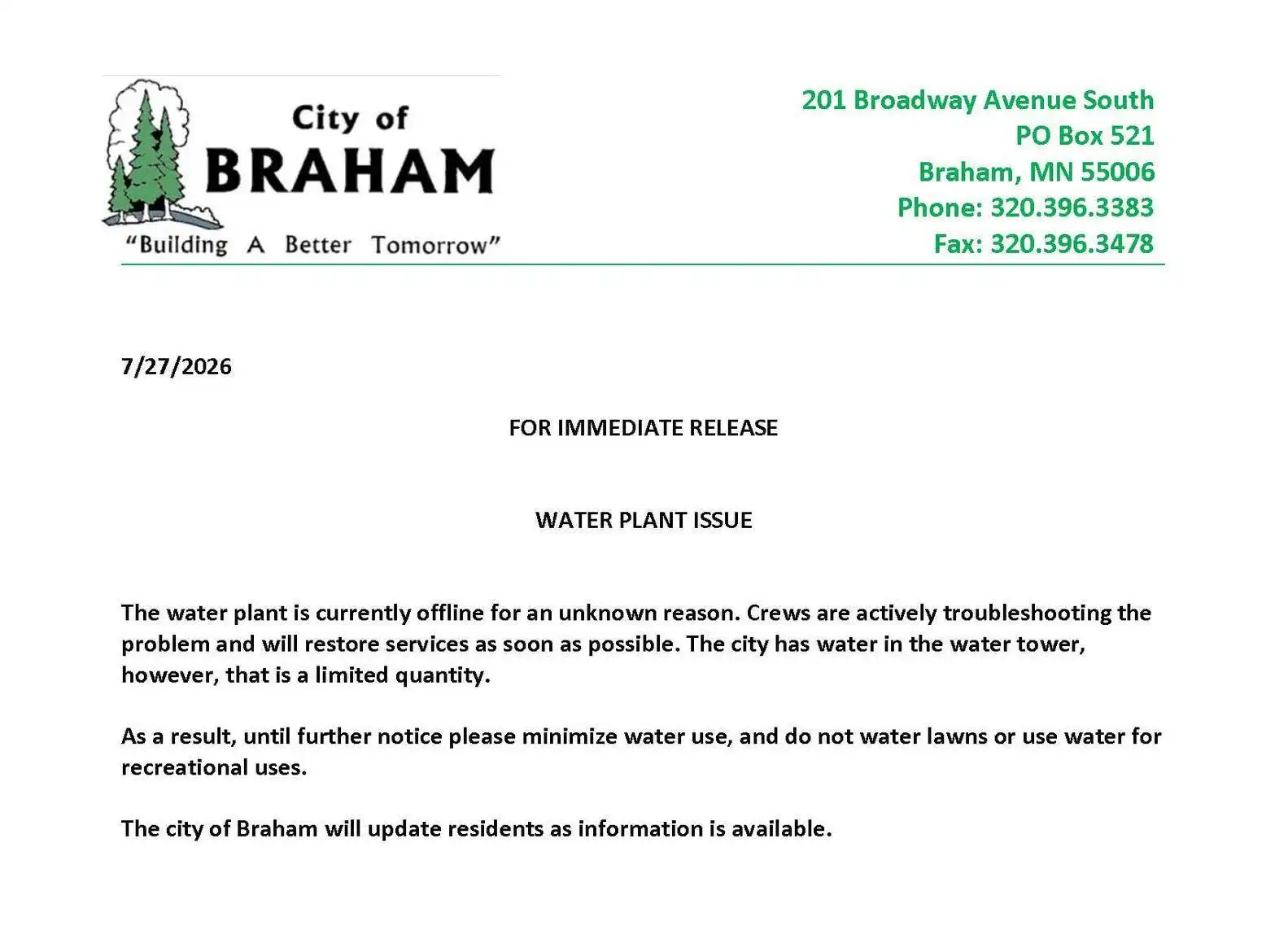 City of Braham memo dated July 27, 2026, saying the water plant was offline, crews were troubleshooting and residents should minimize water use.