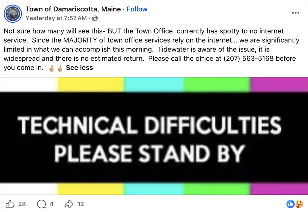 Screenshot of a Damariscotta, Maine, Facebook post saying the Town Office had spotty or no internet service and asking residents to call before visiting.
