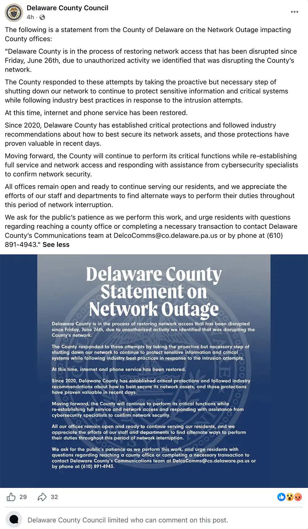 Facebook post from Delaware County Council saying unauthorized activity disrupted the county network and that officials shut down network access.