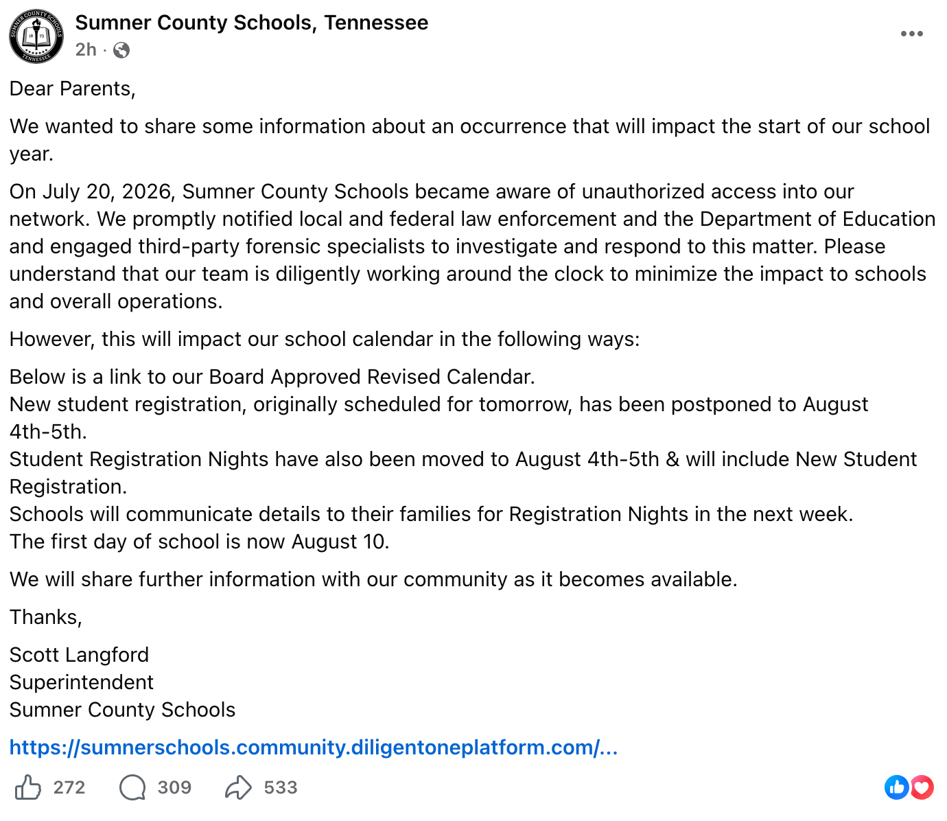 Screenshot of a Sumner County Schools Facebook post announcing unauthorized network access, delayed registration dates and a new Aug. 10 start date for classes.