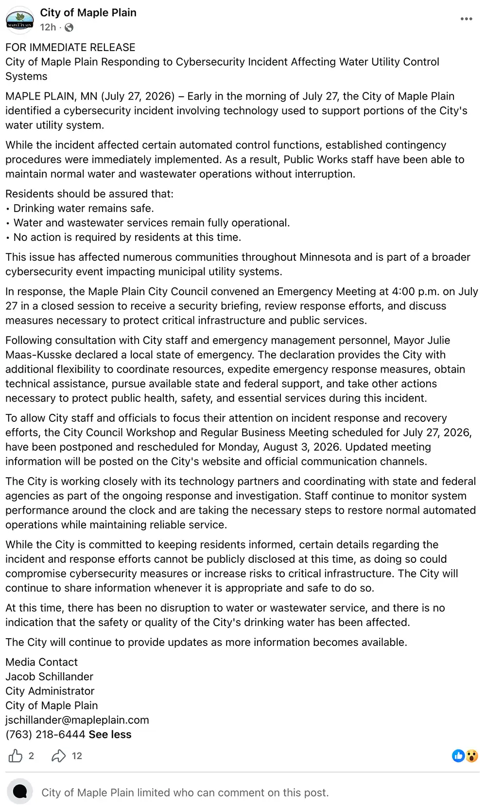 Screenshot of a City of Maple Plain Facebook post announcing a July 27, 2026, cybersecurity incident affecting automated water utility controls. The post says contingency procedures kept water and wastewater services operating, drinking water remained safe, and the city declared a local state of emergency while responding.