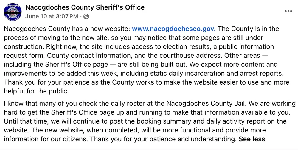 Screenshot of a Nacogdoches County Sheriff’s Office Facebook post saying the county’s new website was under construction and the sheriff’s office page was still being built.