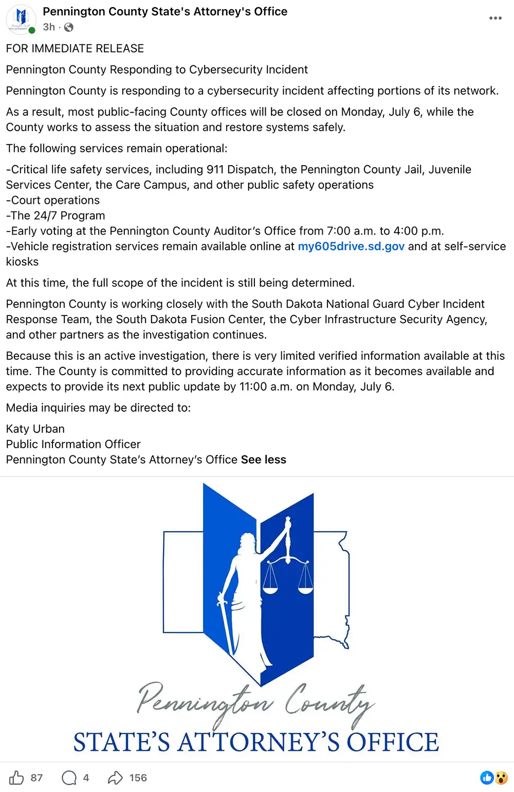 Screenshot of a Pennington County State’s Attorney’s Office Facebook post announcing a cybersecurity incident and Monday closures for most public-facing county offices.