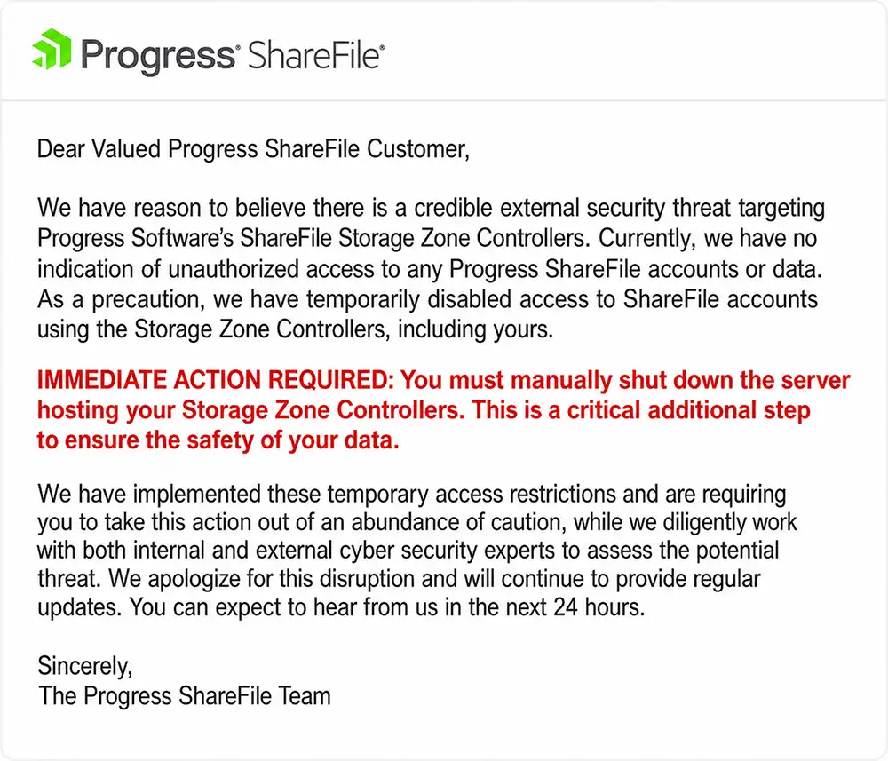 Screenshot of a Progress ShareFile customer notice warning of a credible external security threat targeting Storage Zone Controllers and directing customers to shut down the servers hosting them.