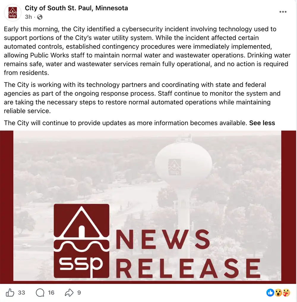 Screenshot of a South St. Paul Facebook post saying a cybersecurity incident affected some automated water utility controls while drinking water and wastewater services remained safe and operational.