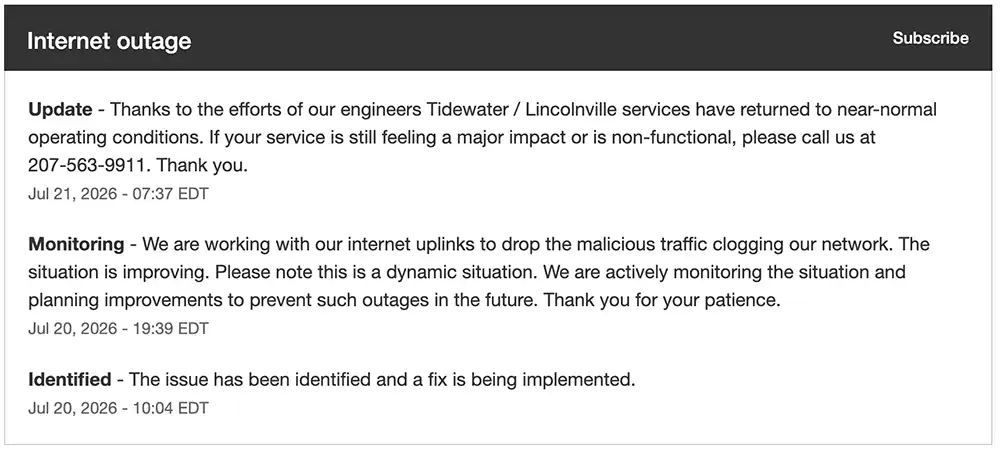 Screenshot of Tidewater Telecom’s internet outage status page showing updates that malicious traffic was clogging the network and services later returned to near-normal conditions.