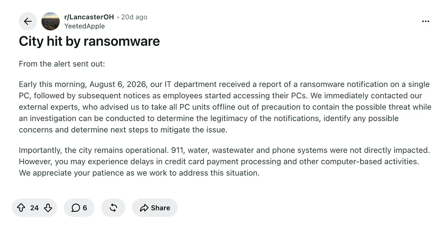 Screenshot of a Reddit post reproducing Circleville’s Aug. 6 ransomware alert about computers being taken offline and possible payment-processing delays.