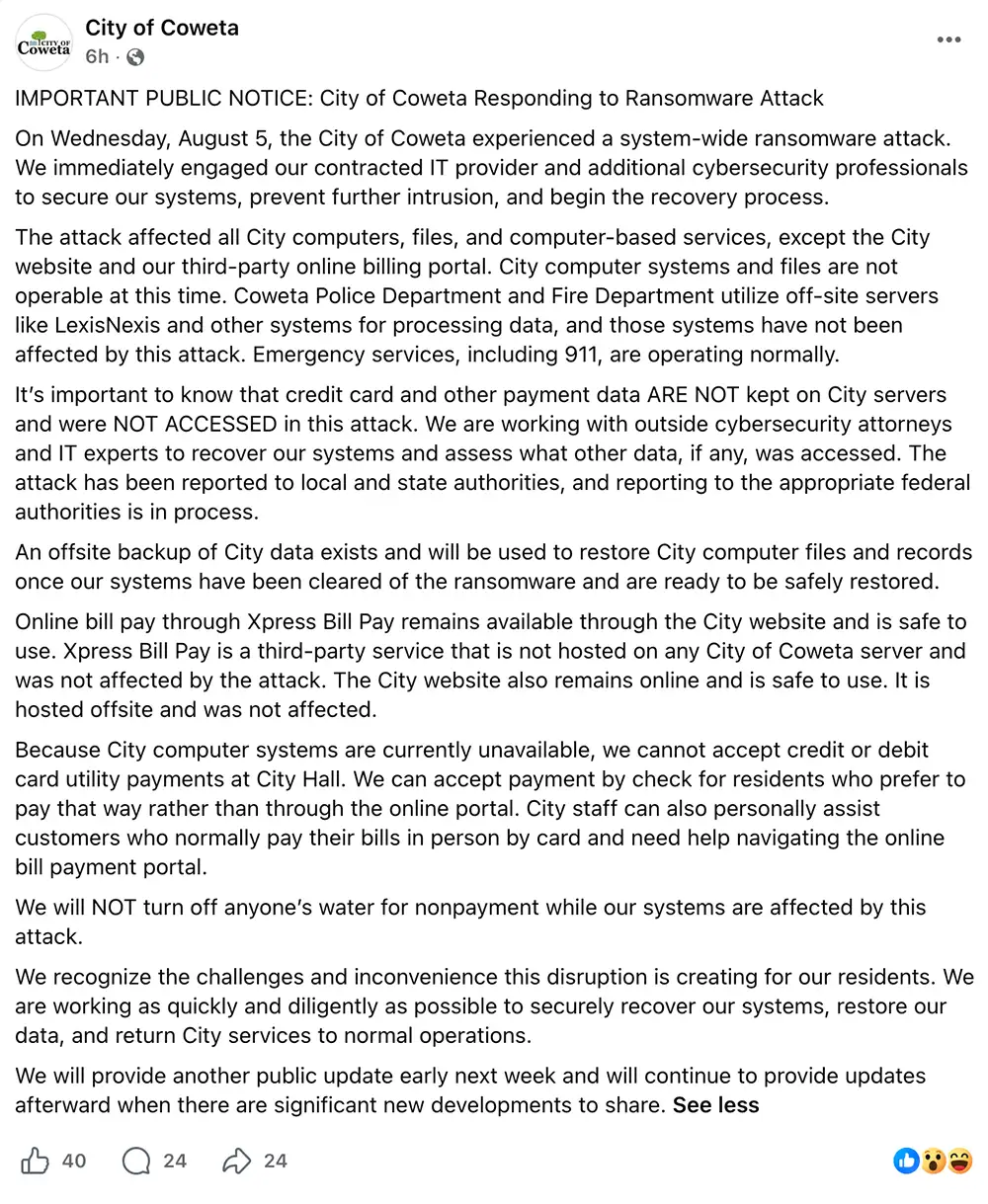 Screenshot of an Aug. 7 Facebook post from the City of Coweta describing a ransomware attack that affected city computers and files while 911, the city website and online bill pay remained available.