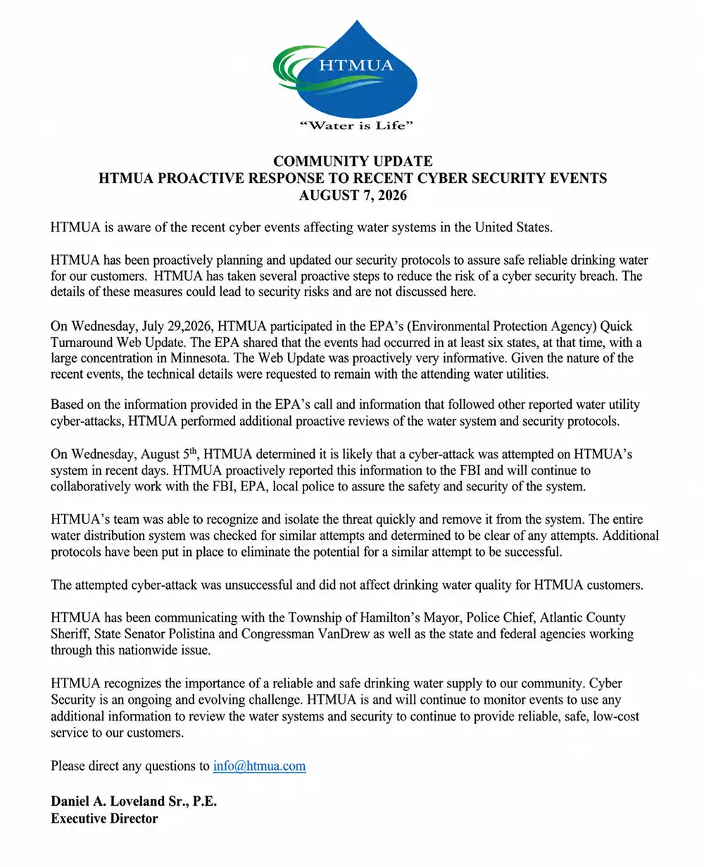 Hamilton Township Municipal Utilities Authority community update dated Aug. 7, 2026, saying it isolated and removed a threat and that drinking-water quality was unaffected.