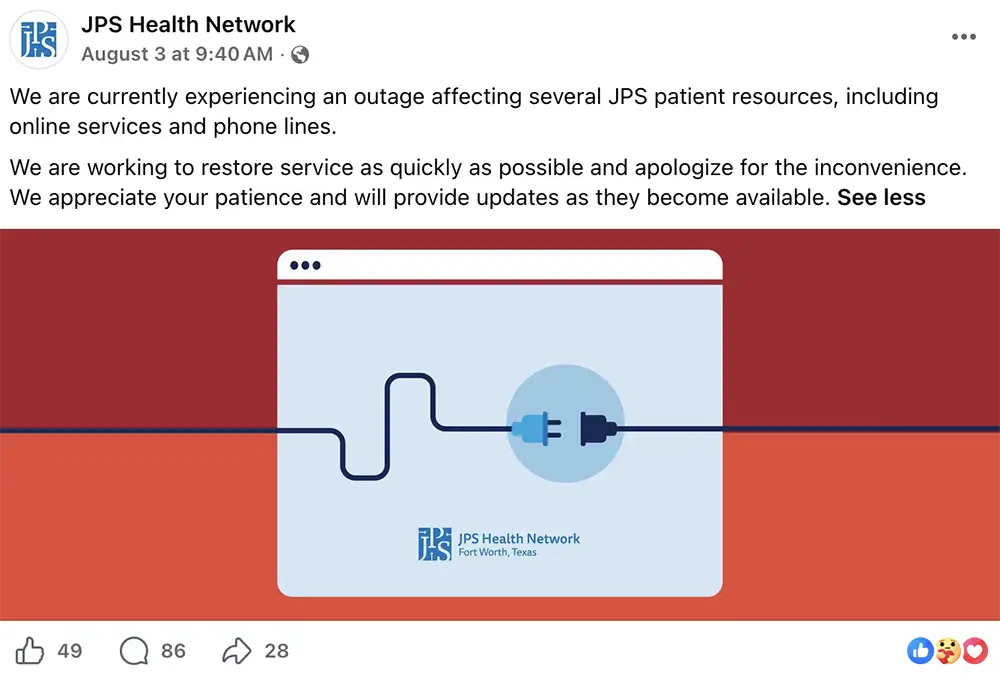 Screenshot of an Aug. 3 JPS Health Network Facebook post announcing an outage affecting online services, phone lines and other patient resources, above an illustration of a disconnected network cable.