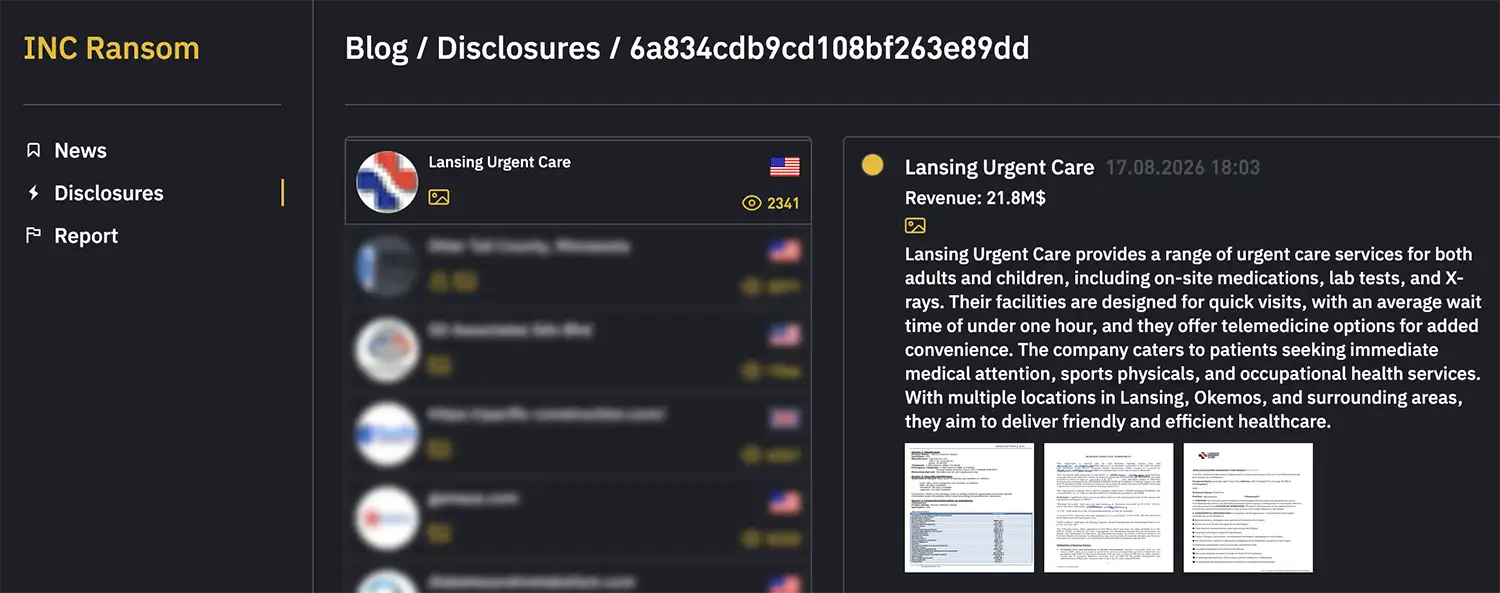 INC Ransom leak-site page naming Lansing Urgent Care and showing three small document images presented as samples.