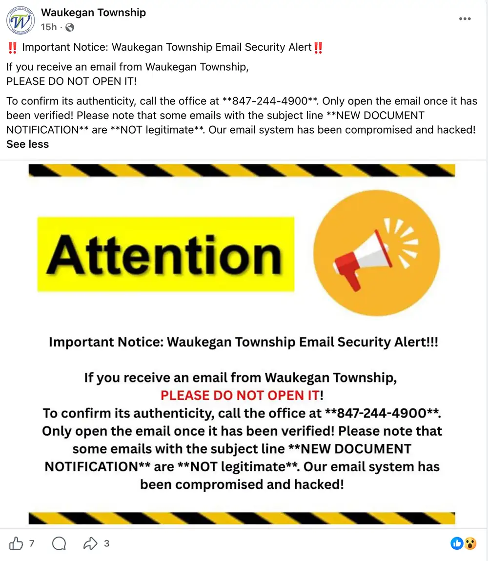 Screenshot of a Waukegan Township Facebook post warning residents not to open township emails without verification and identifying “NEW DOCUMENT NOTIFICATION” messages as illegitimate.