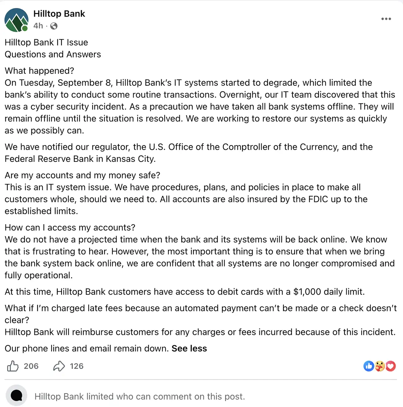 Screenshot of a Hilltop Bank Facebook post saying the bank took its systems offline after discovering a cybersecurity incident. The post says debit cards remain available with a $1,000 daily limit, while phone and email service remain down.