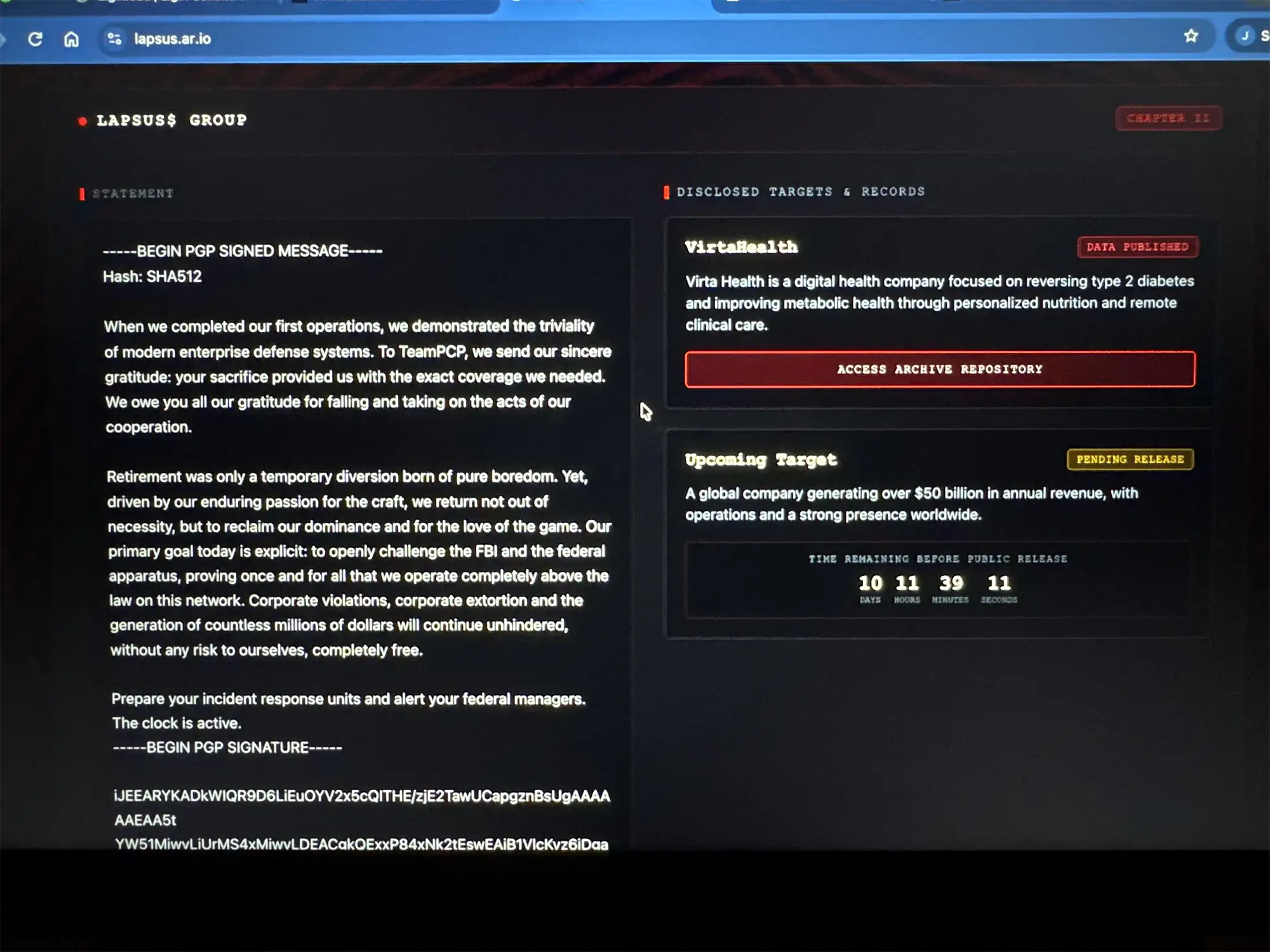 Browser displaying lapsus.ar.io above a dark “LAPSUS$ GROUP” page with a statement, a disclosed-targets panel and a countdown.