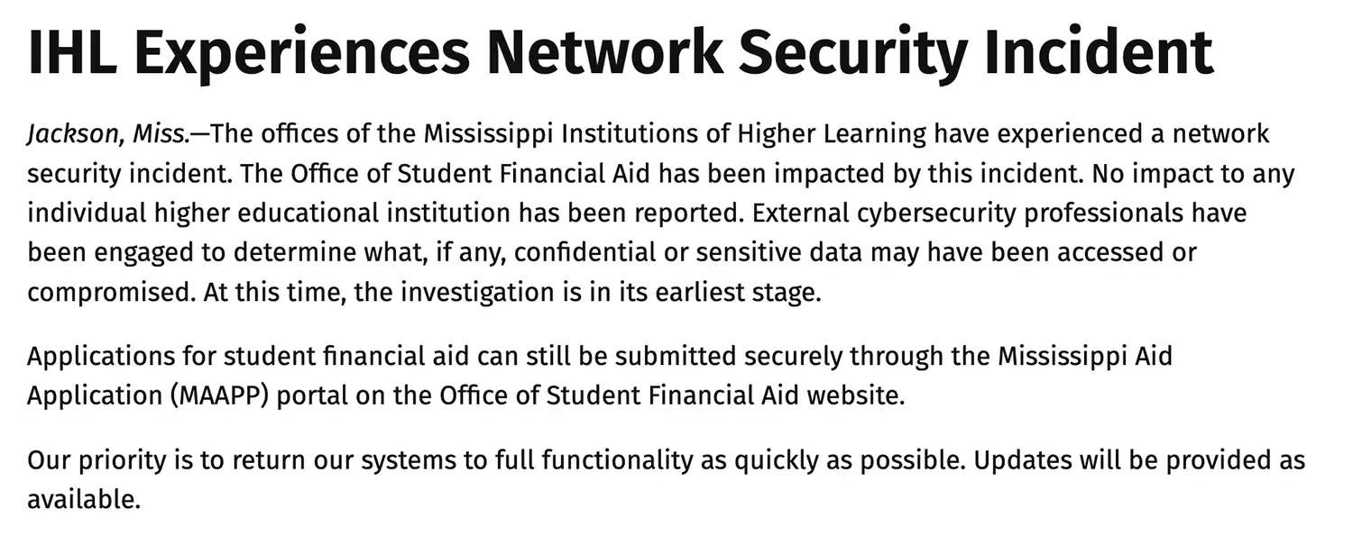 Screenshot of an IHL website notice titled “IHL Experiences Network Security Incident,” reporting an impact on the student financial aid office and continued availability of the MAAPP portal.
