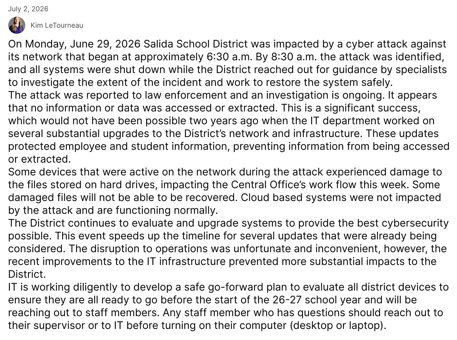 Screenshot of a July 2, 2026, Salida School District notice stating that a cyberattack prompted a network shutdown, damaged files on some devices and did not appear to result in data access or extraction.
