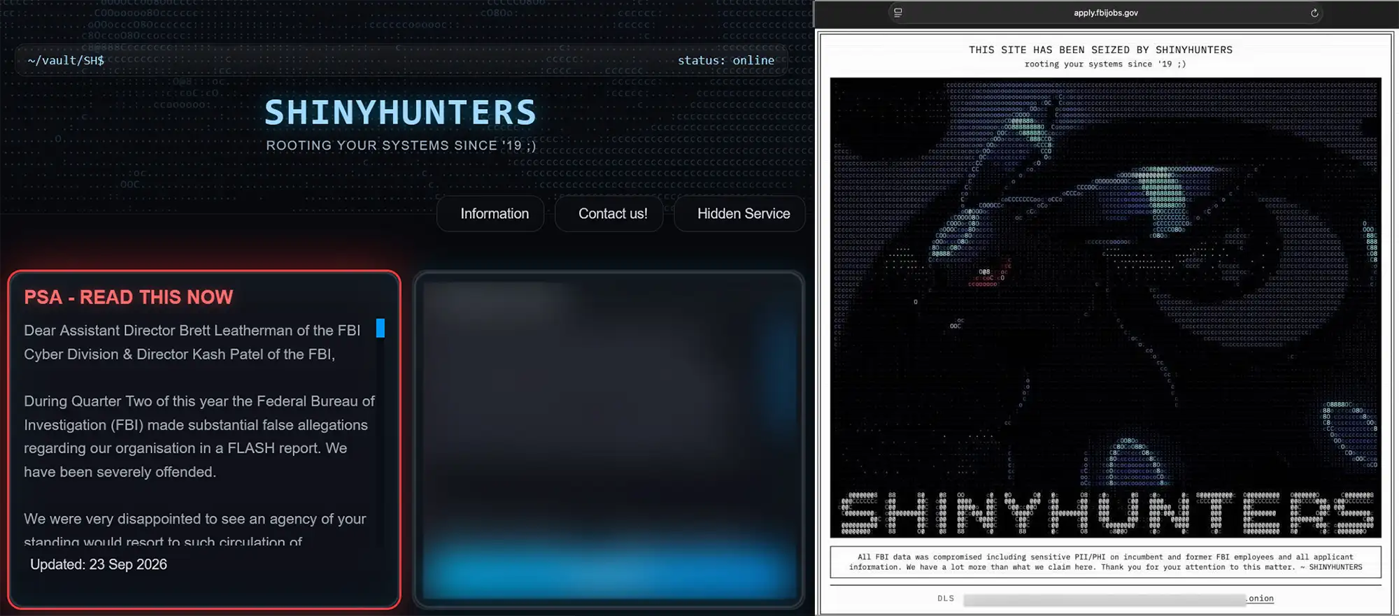 Side-by-side images show a ShinyHunters leak-site statement addressed to FBI leaders and a browser page labeled apply.fbijobs.gov displaying a ShinyHunters message and ASCII-art figure.
