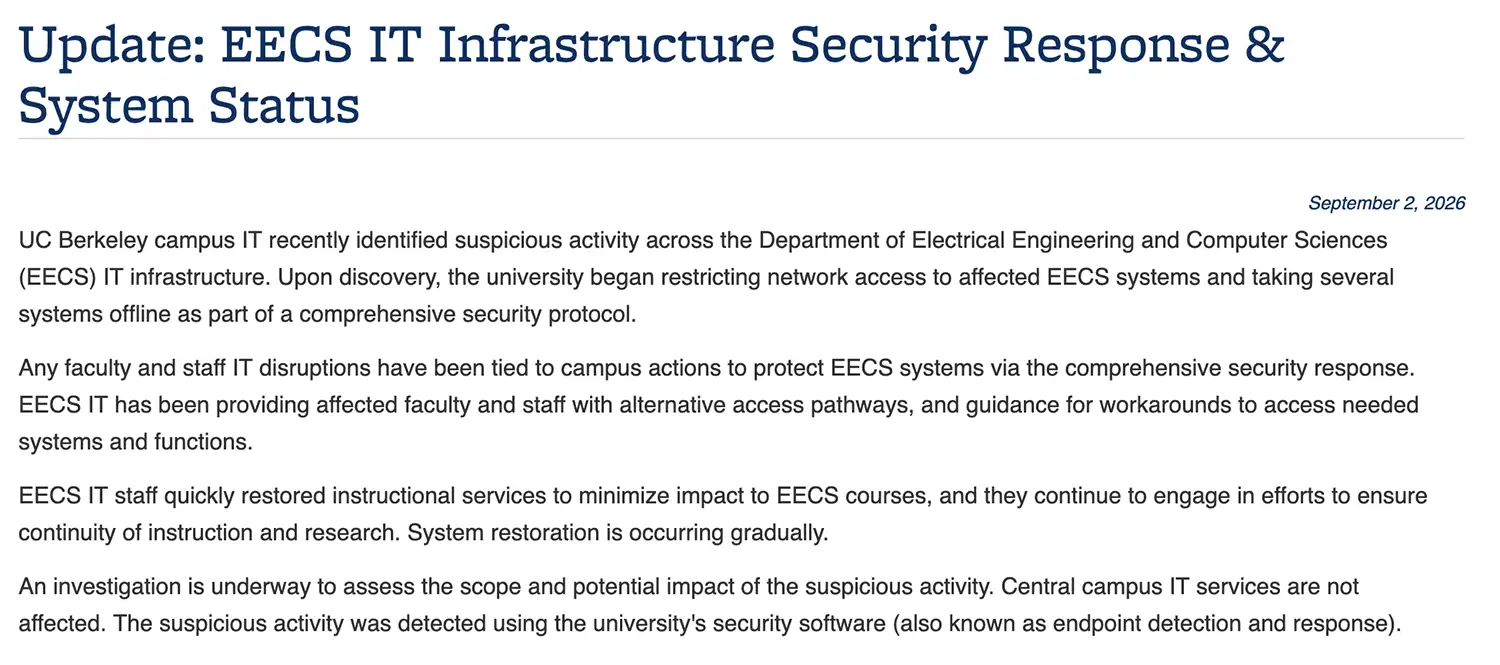 Screenshot of UC Berkeley’s Sept. 2 EECS security notice explaining that suspicious activity prompted network restrictions and systems to be taken offline.