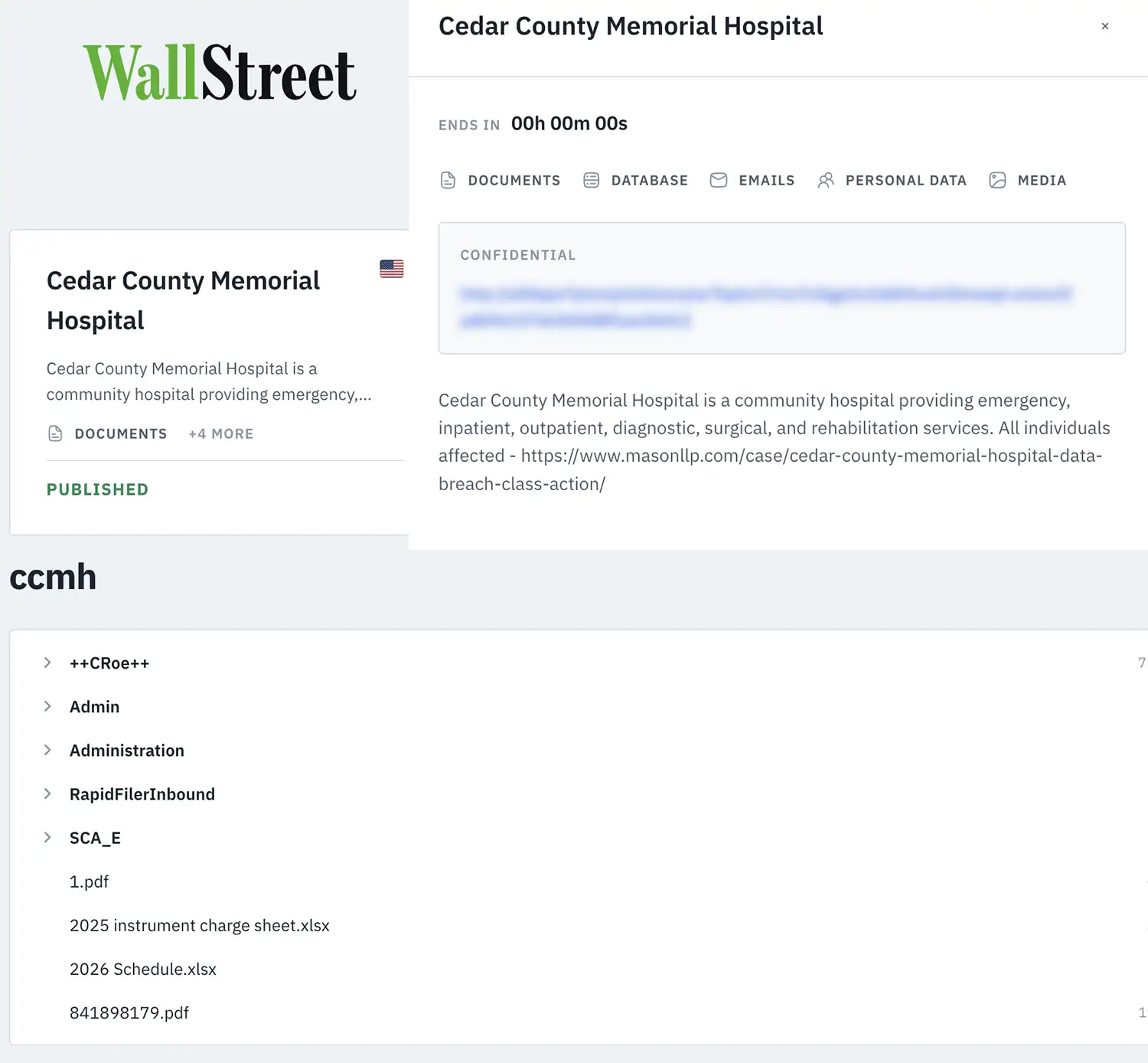 Wallstreet ransomware leak-site page naming Cedar County Memorial Hospital, with the claim marked published, its countdown at zero and folders and filenames displayed below. The site’s confidential access link is blurred.