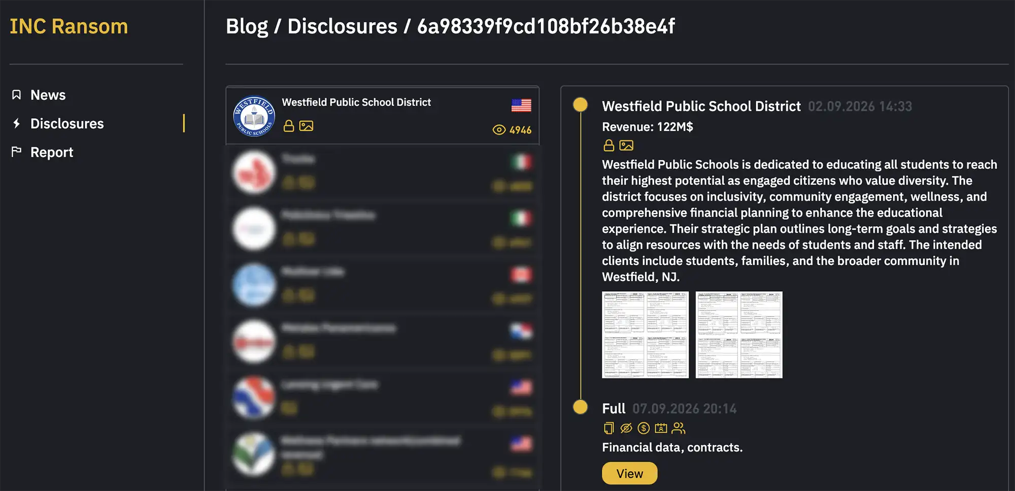 INC Ransom disclosures page highlighting Westfield Public School District, with neighboring listings blurred and small document thumbnails visible in the claim panel.