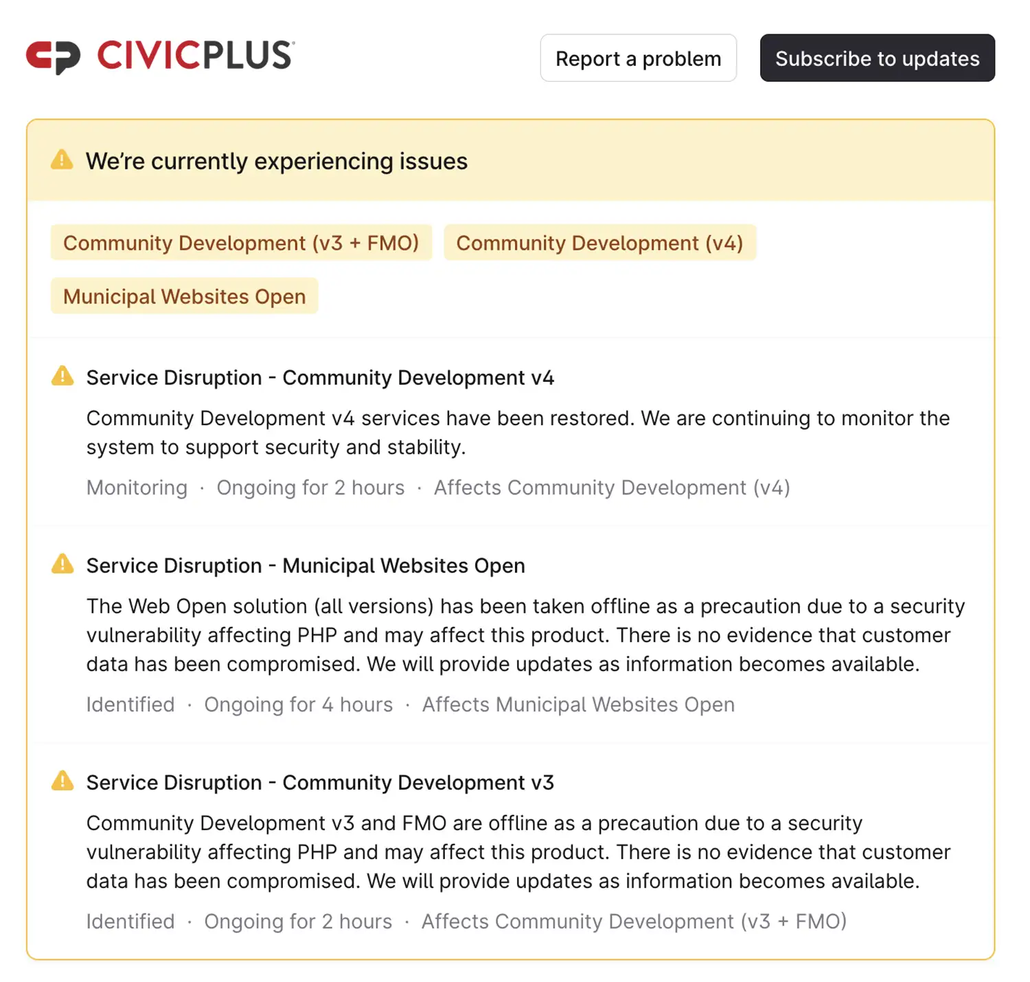 CivicPlus status page showing Municipal Websites Open and Community Development v3 offline because of a PHP vulnerability, and Community Development v4 restored and under monitoring. Notices say there is no evidence of compromised customer data.