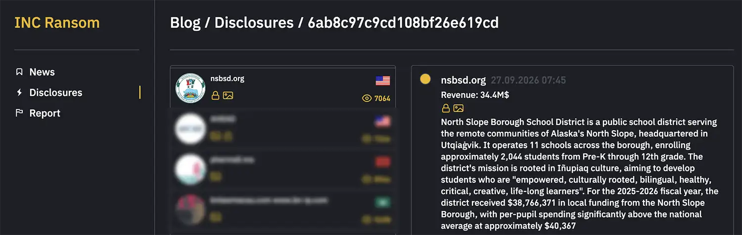 Redacted screenshot of the INC Ransom disclosures page showing a Sept. 27, 2026, listing for nsbsd.org and text describing North Slope Borough School District. Other listings are blurred.