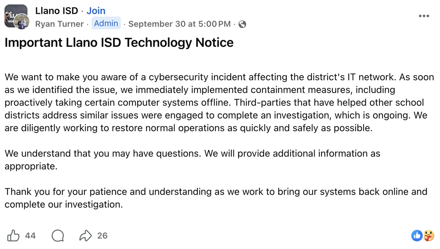 Screenshot of Ryan Turner’s Sept. 30 Facebook notice announcing a cybersecurity incident, computer-system shutdowns and an investigation at Llano Independent School District.