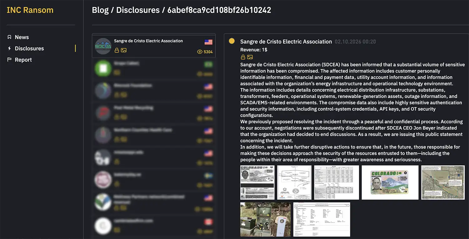 Screenshot of an INC Ransom disclosure naming Sangre de Cristo Electric Association. The dark-themed webpage contains allegations of stolen customer and electrical infrastructure information, a threat of further disruption, and thumbnail images of purported stolen documents and equipment photographs.