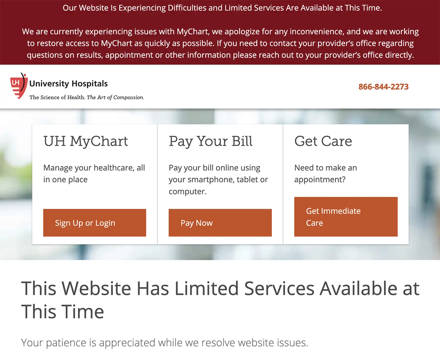 University Hospitals website displaying a red banner about MyChart problems and limited services, with instructions to contact providers directly while access is restored.