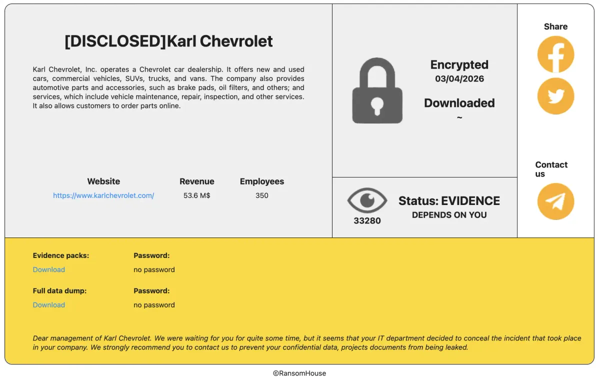 Screenshot documenting RansomHouse claim