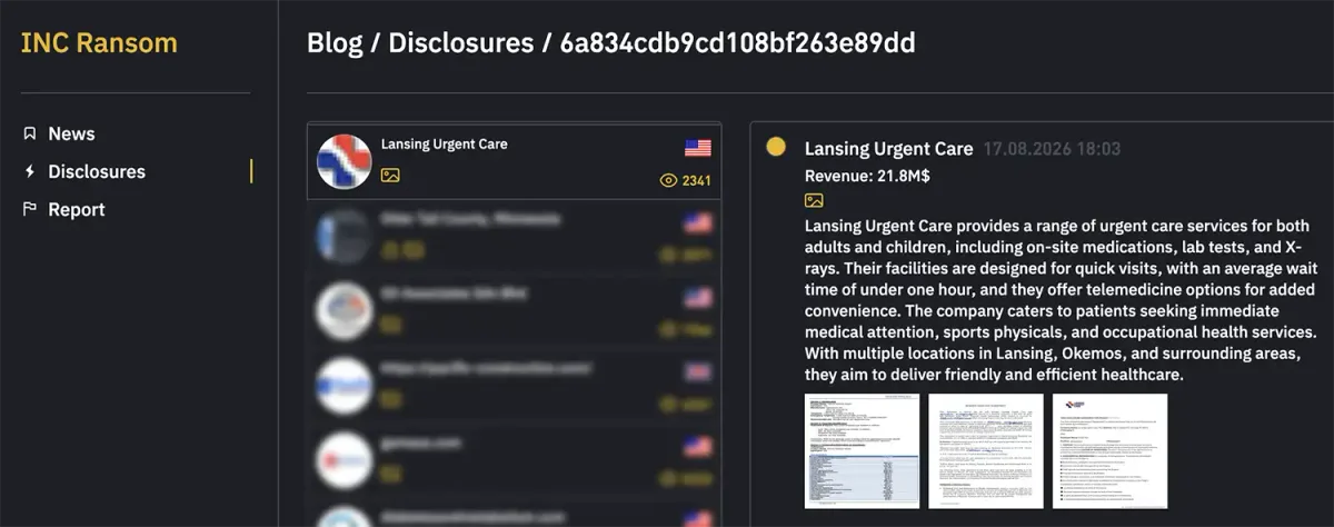 Screenshot documenting INC Ransom claim