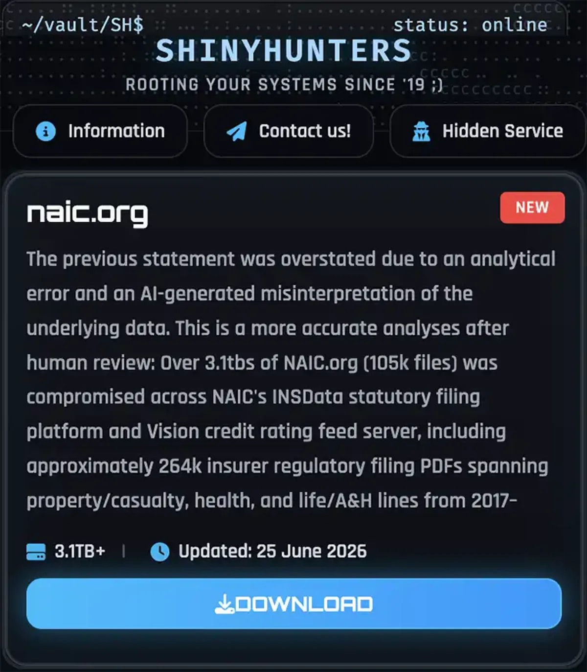 Screenshot documenting ShinyHunters claim